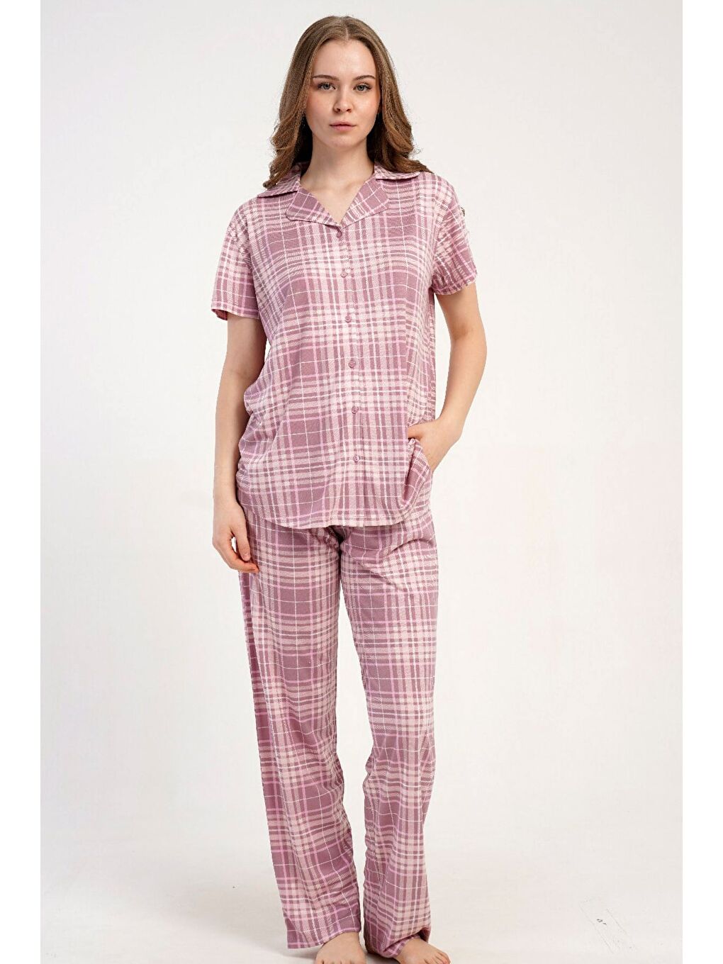 Gömlek Yaka Önden Düğmeli Pijama Takımı Pembe-512196-4