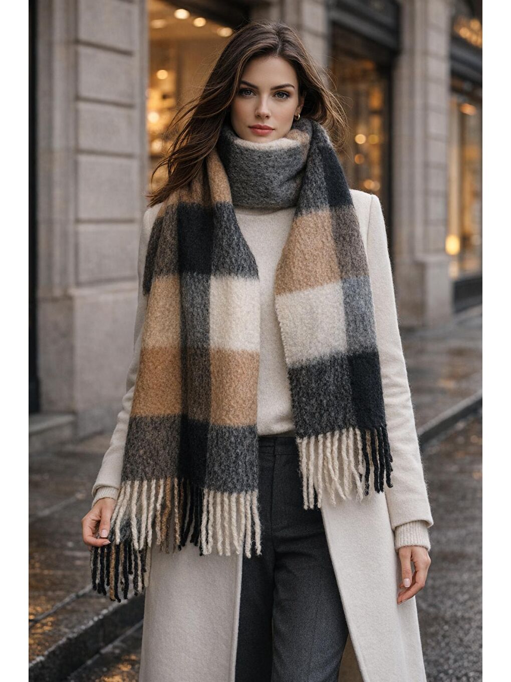 Beyaz Kadın Ekru Ekose Desenli Atkı-Şal SAL1304-2