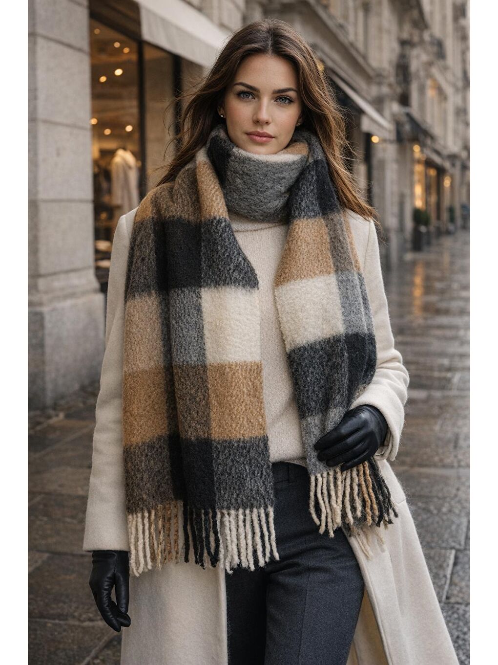 Beyaz Kadın Ekru Ekose Desenli Atkı-Şal SAL1304-3