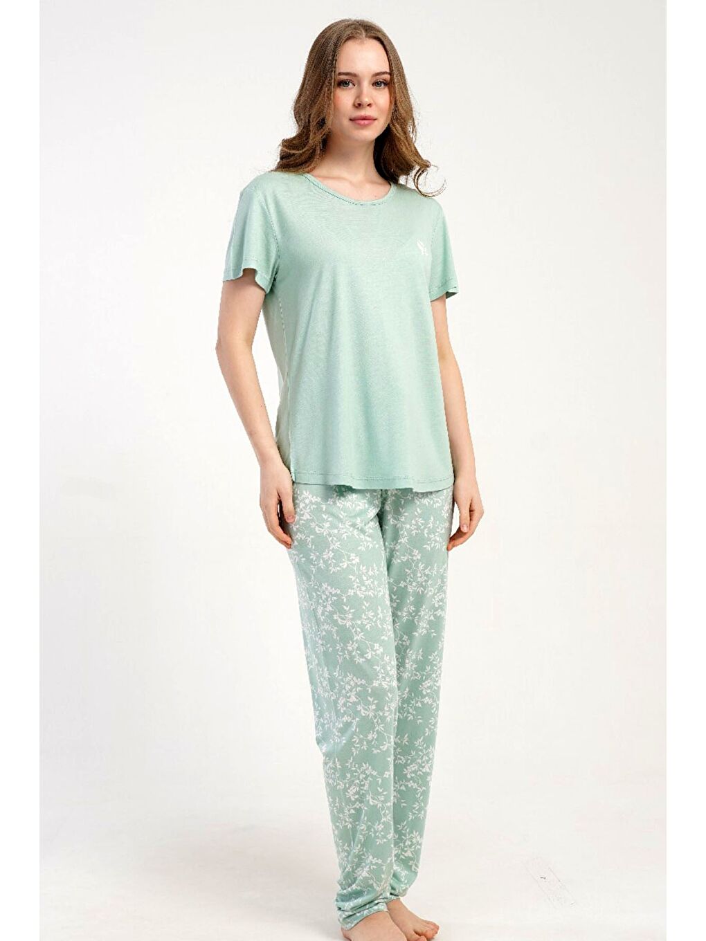 Yuvarlak Yaka Kısa Kollu Pijama Takımı Yeşil-512217-1