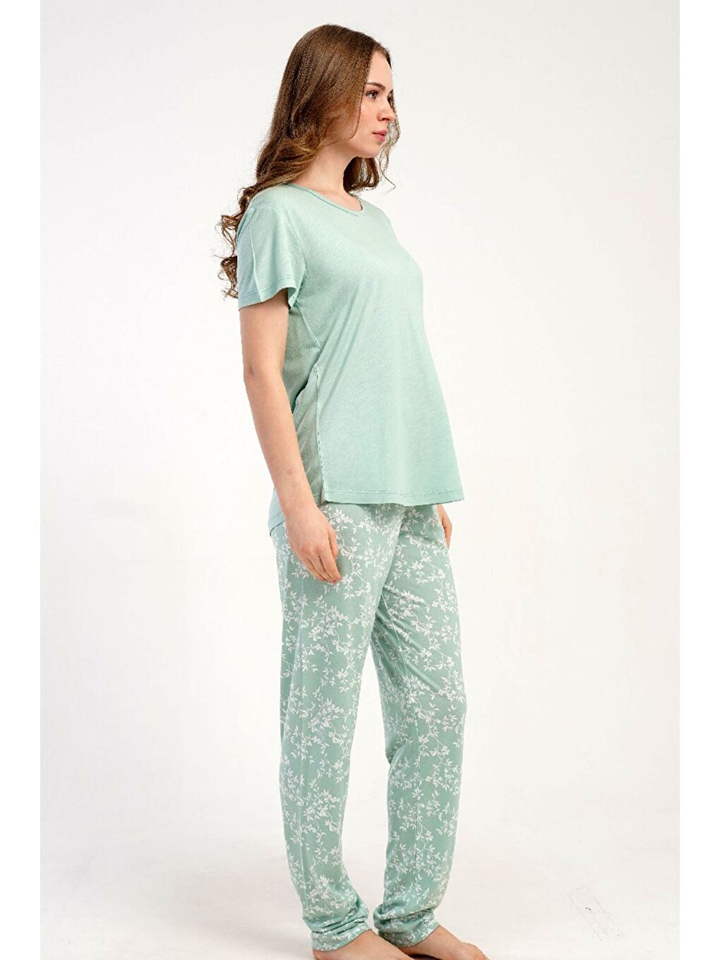 Yuvarlak Yaka Kısa Kollu Pijama Takımı Yeşil-512217-3