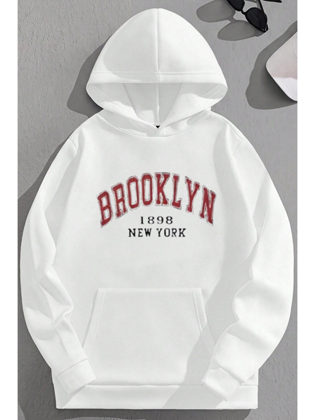 Unisex 3 İplik Pamuklu Beyaz Brooklyn1898ny Baskı Bol Kalıp Sweatshirt Hoodie