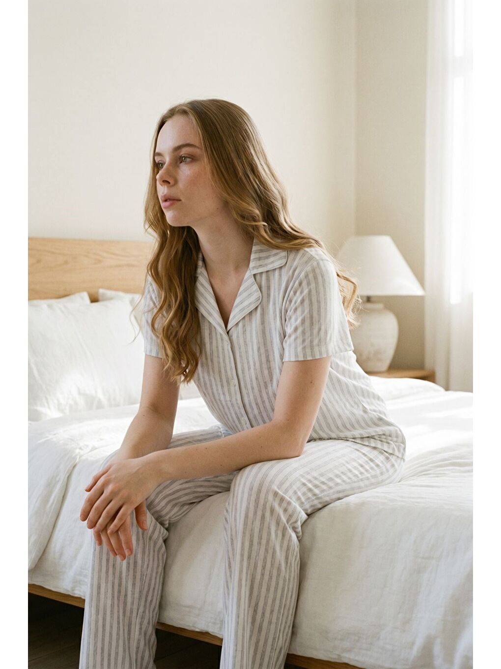 Gömlek Yaka Önden Düğmeli Pijama Takımı Gri-512220