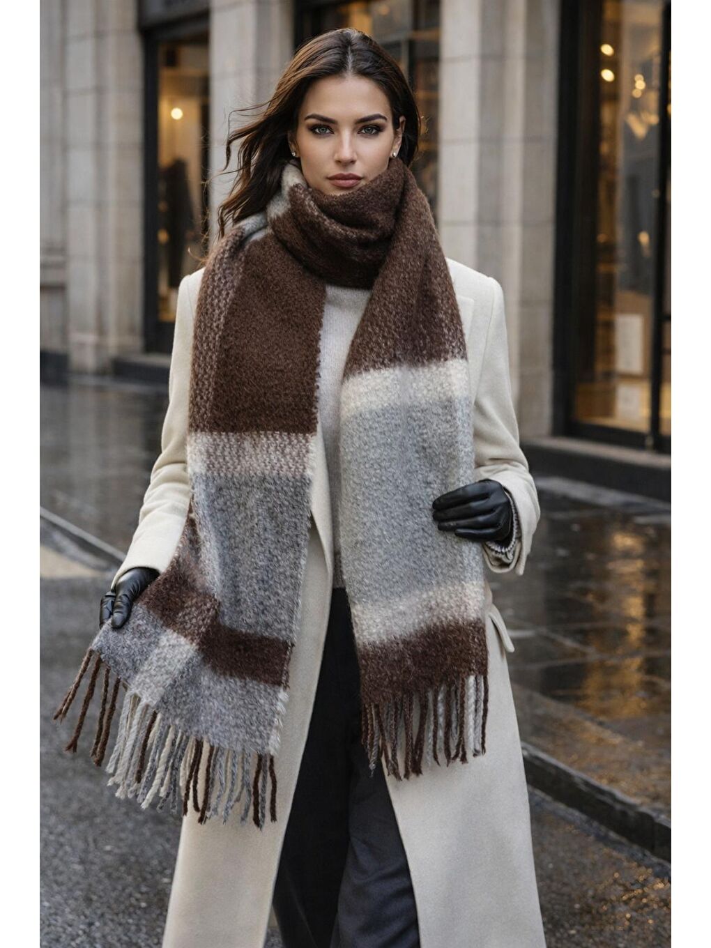 Karışık Kadın Gri Ekose Desenli Atkı-Şal SAL1305-2