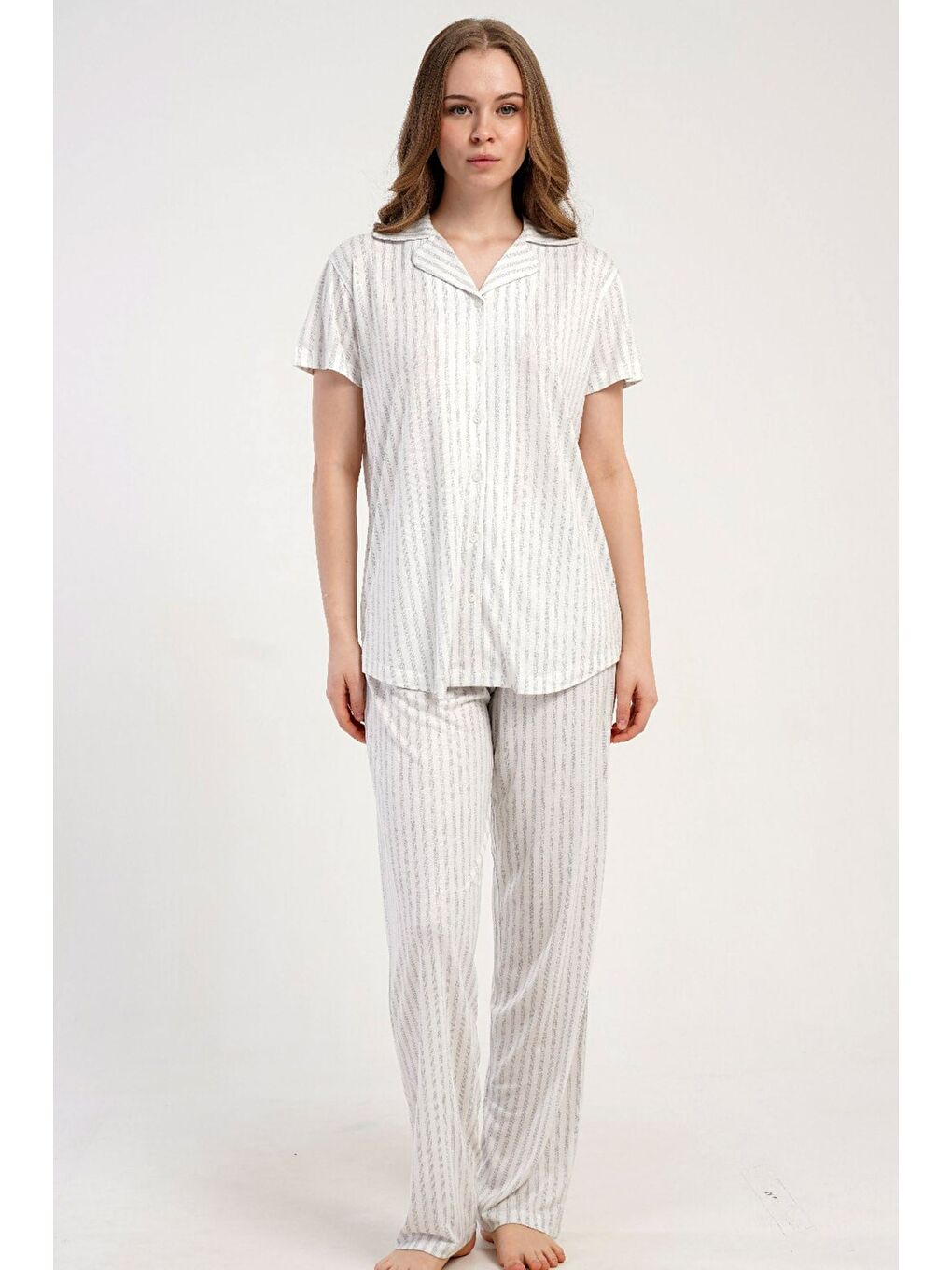 Gömlek Yaka Önden Düğmeli Pijama Takımı Gri-512220-3