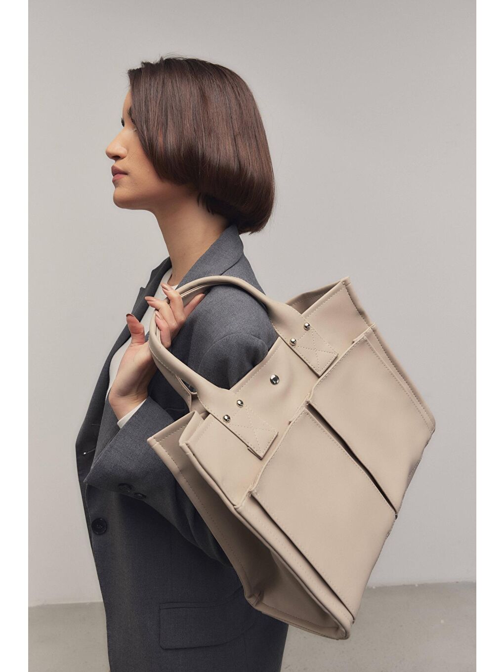 Yumi Omuz Çantası Bej-4