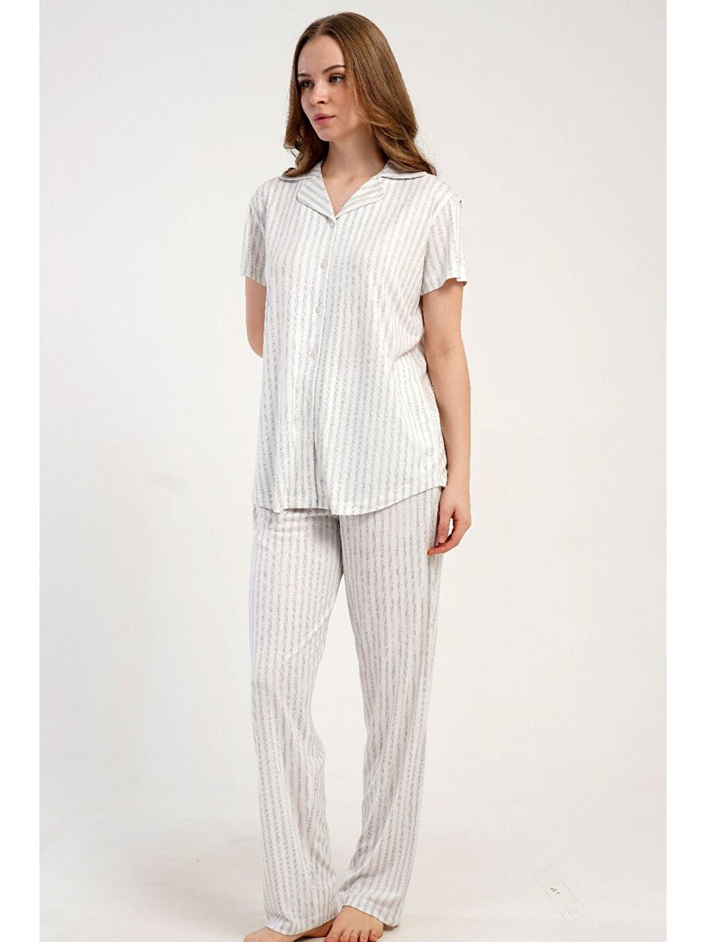 Gömlek Yaka Önden Düğmeli Pijama Takımı Gri-512220-6