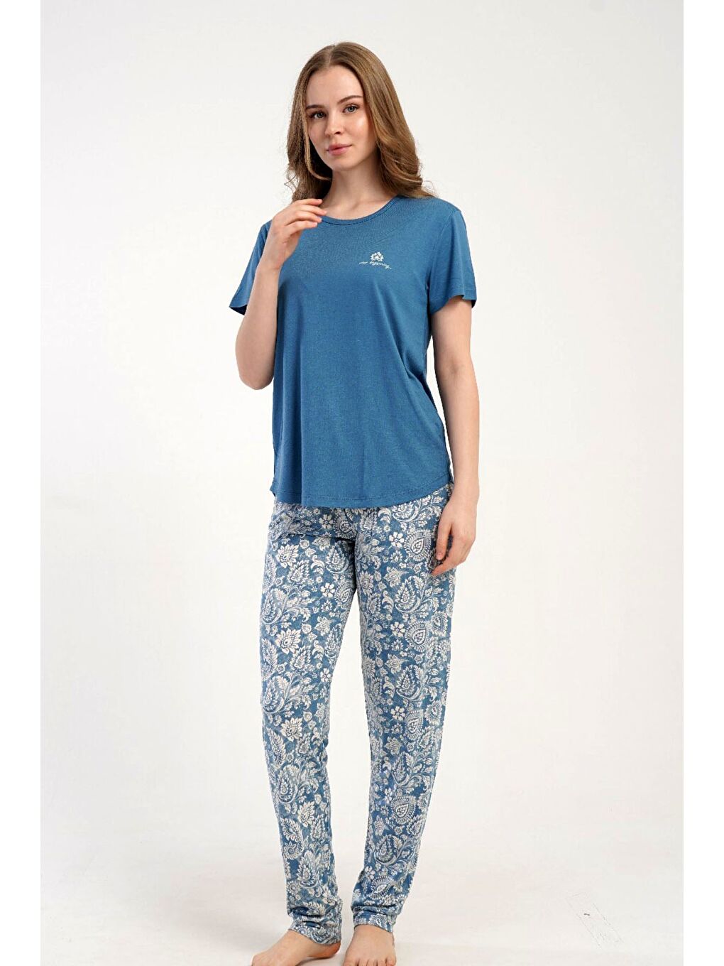Yuvarlak Yaka Kısa Kollu Pijama Takımı Mavi-512275-1