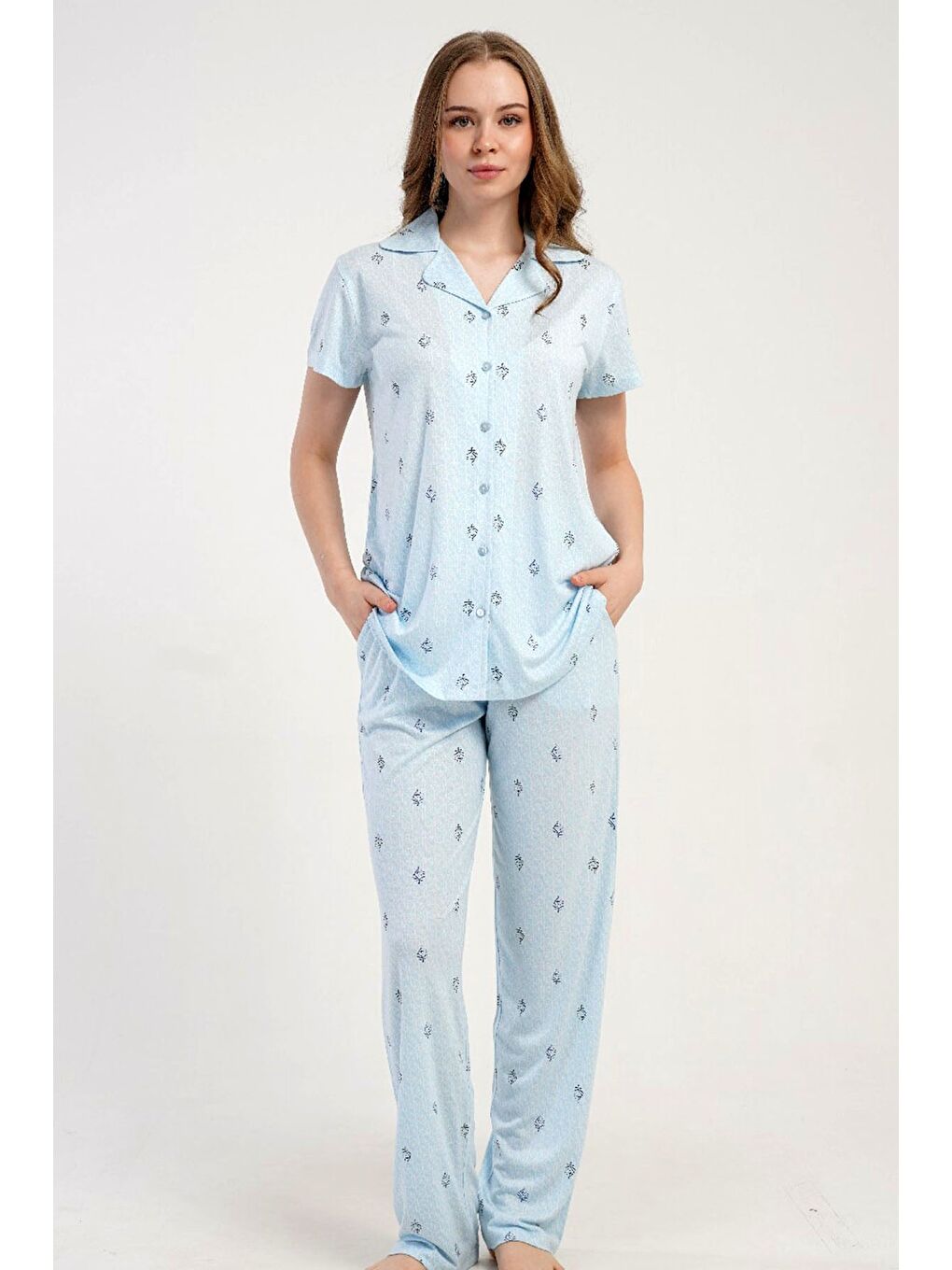 Gömlek Yaka Önden Düğmeli Pijama Takımı Açık Mavi-512228