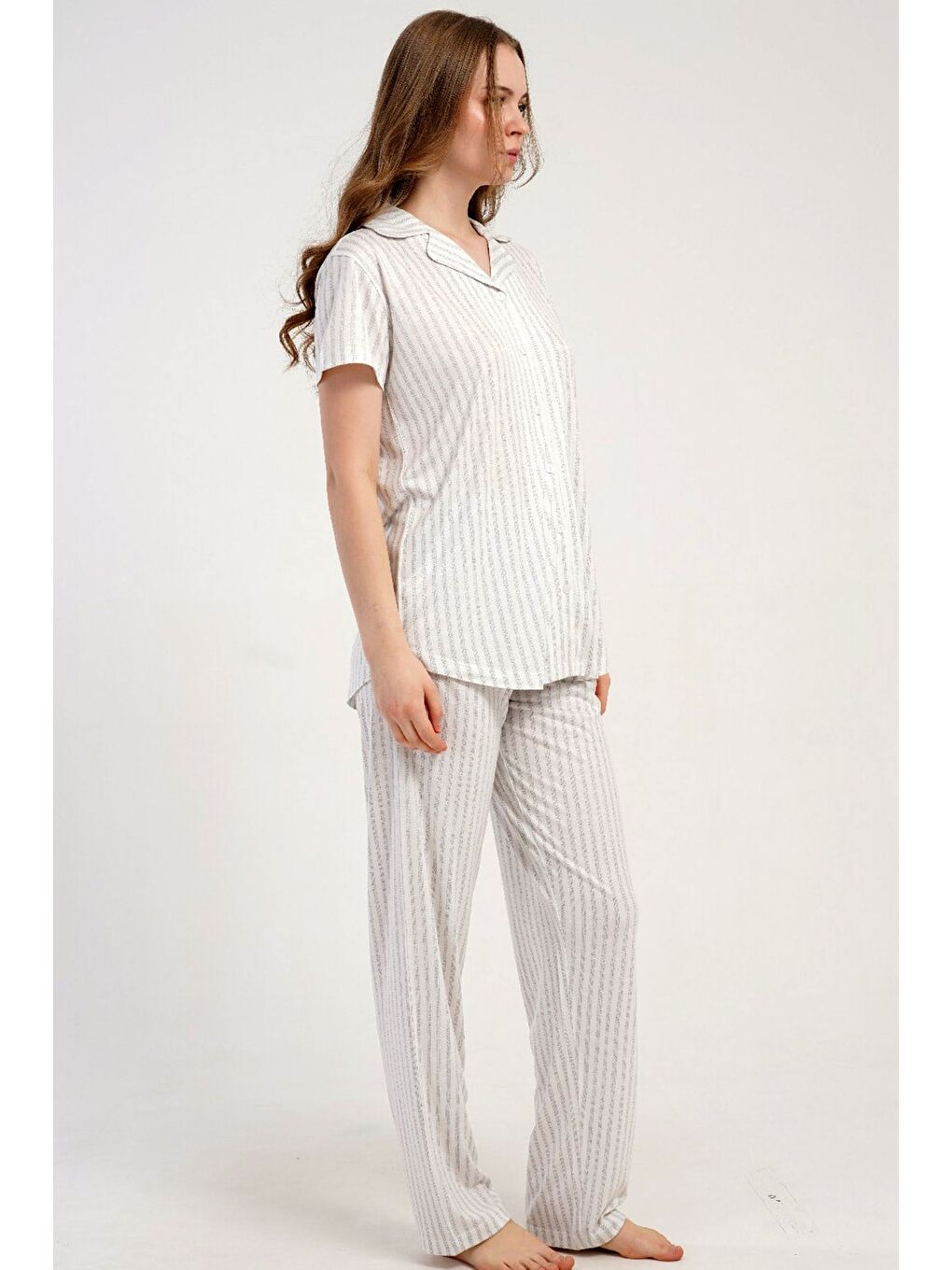 Gömlek Yaka Önden Düğmeli Pijama Takımı Gri-512220-7