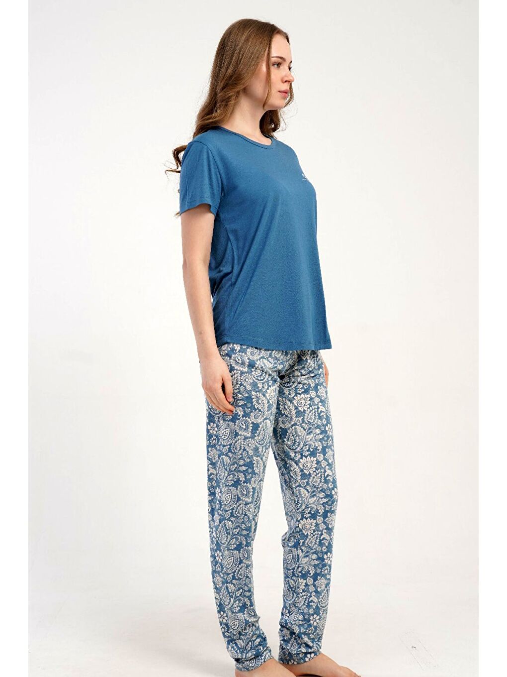 Yuvarlak Yaka Kısa Kollu Pijama Takımı Mavi-512275-2