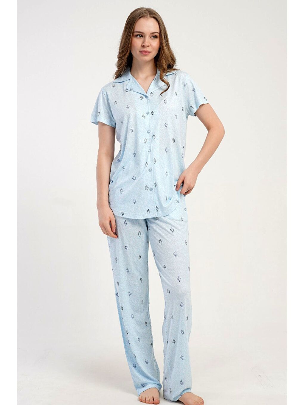 Gömlek Yaka Önden Düğmeli Pijama Takımı Açık Mavi-512228-1