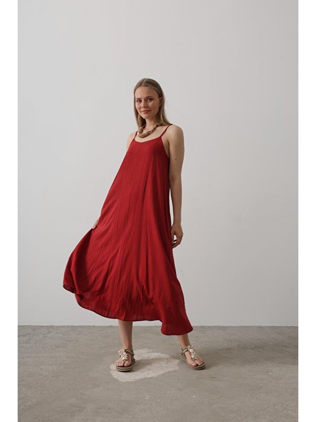 Askılı Uzun Çan Elbise - Bordo-1