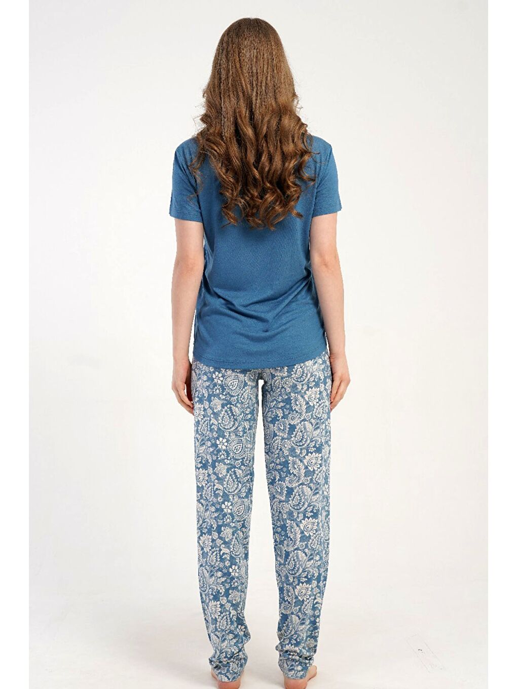 Yuvarlak Yaka Kısa Kollu Pijama Takımı Mavi-512275-3