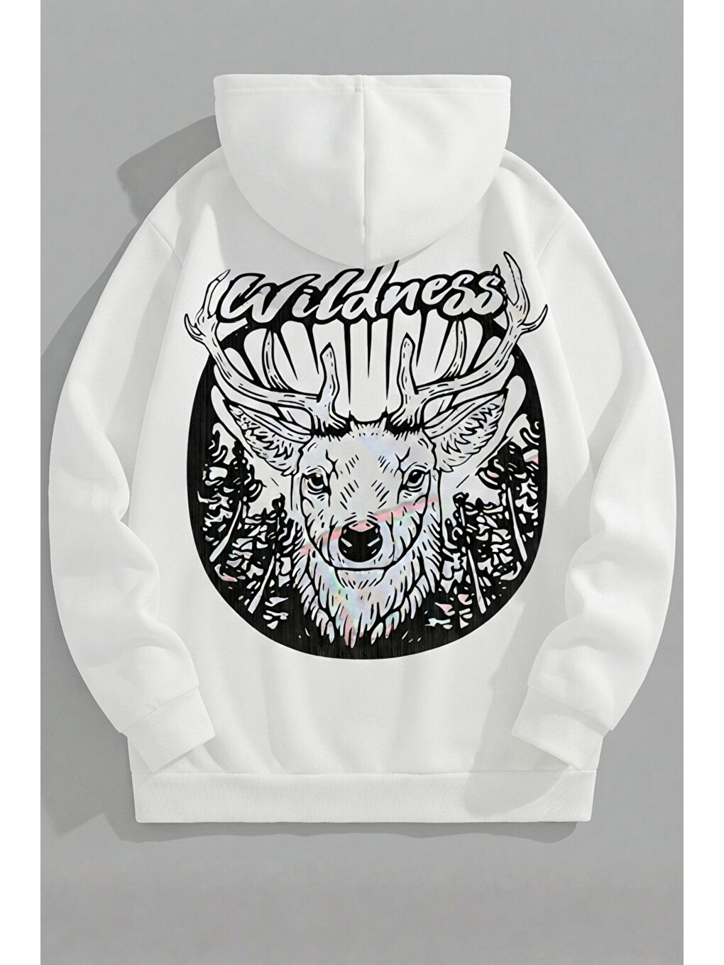 Unisex 3 İplik Pamuklu Beyaz Kralwildness Baskı Bol Kalıp Sweatshirt Hoodie