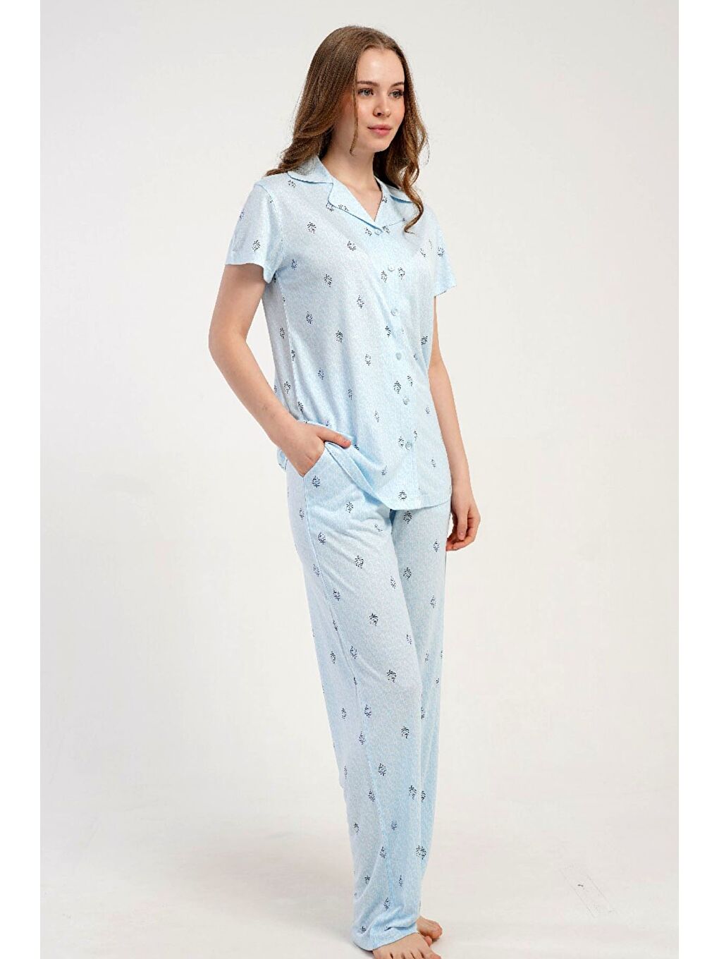 Gömlek Yaka Önden Düğmeli Pijama Takımı Açık Mavi-512228-3