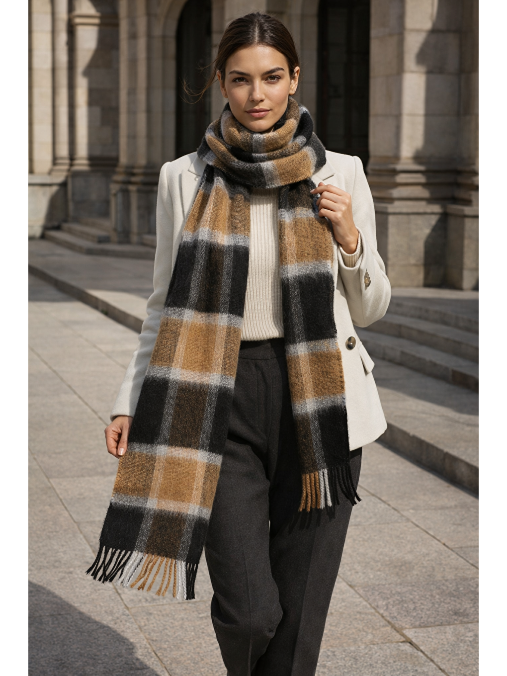 Karışık Kadın Siyah Ekose Desenli Atkı-Şal SAL1304-3