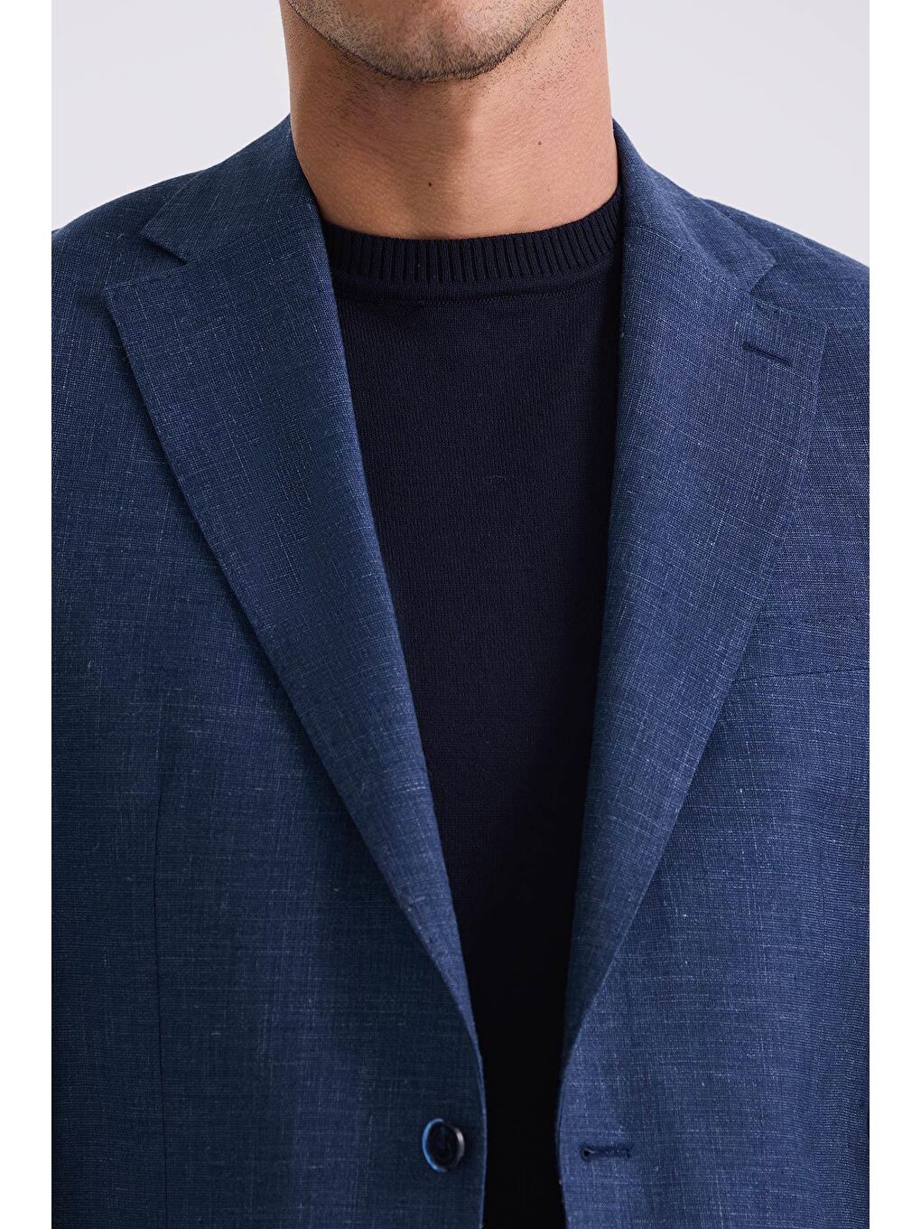 Koyu Lacivert Slim Fit Mono Yaka Keten Spor Ceket-2