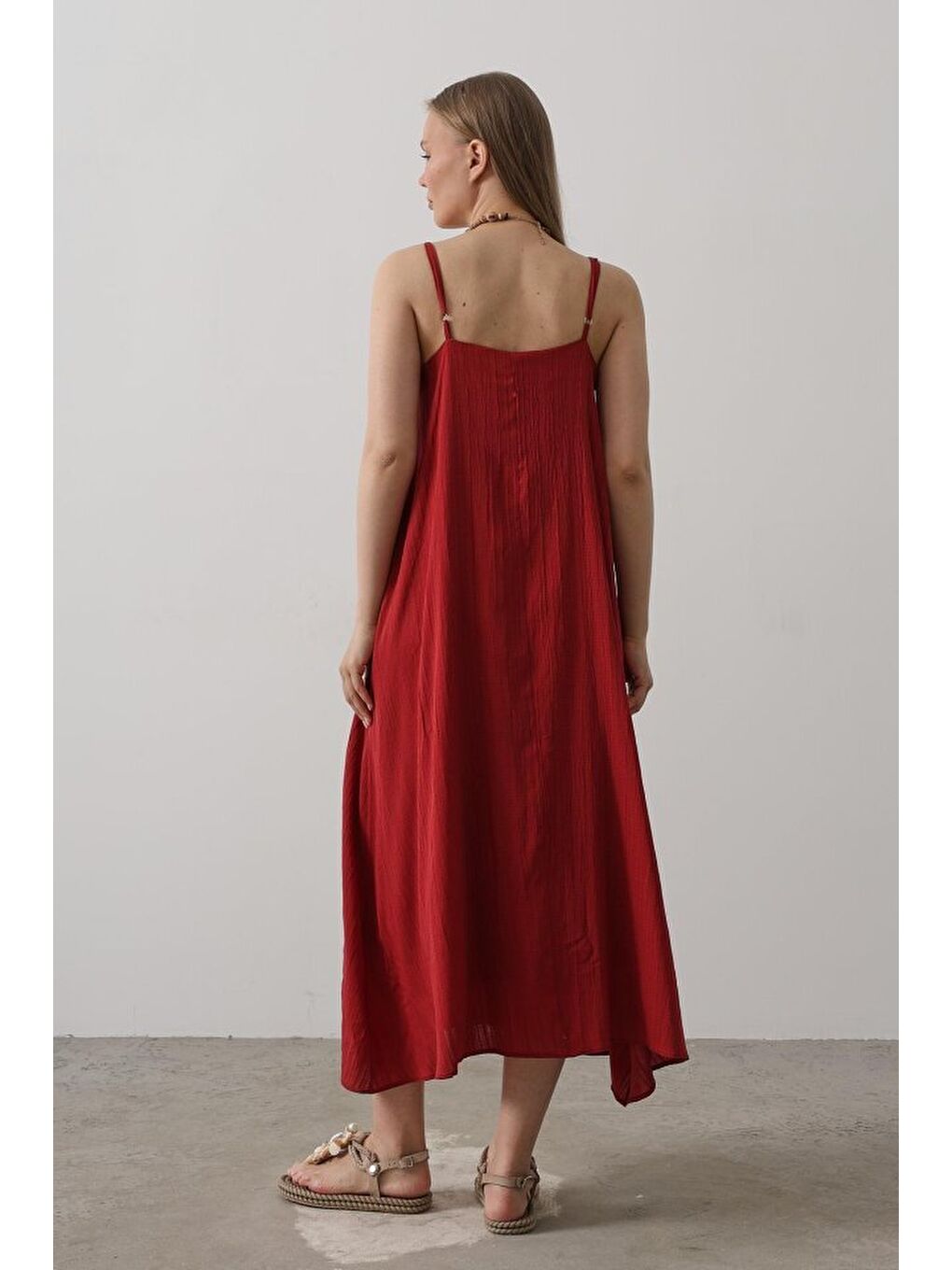 Askılı Uzun Çan Elbise - Bordo-2