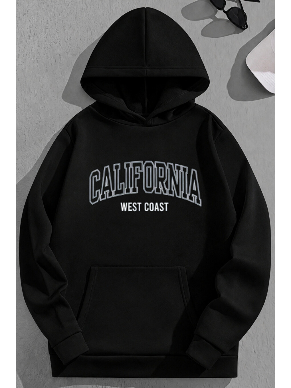 Unisex 3 İplik Pamuklu Siyah Califwestcoast Baskı Bol Kalıp Sweatshirt Hoodie