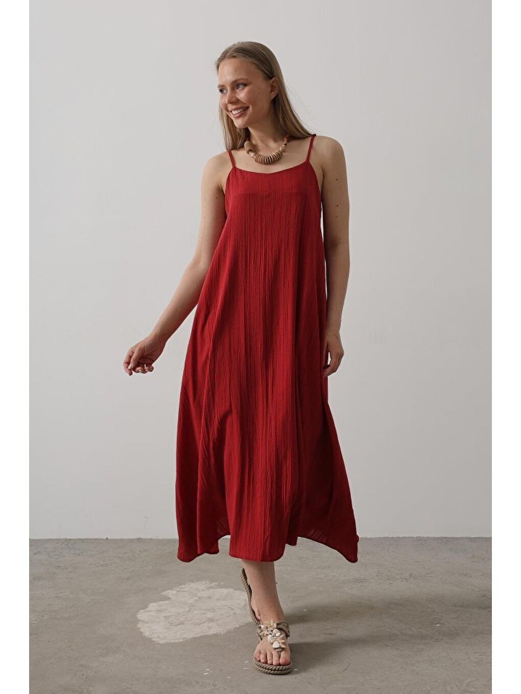 Askılı Uzun Çan Elbise - Bordo-3