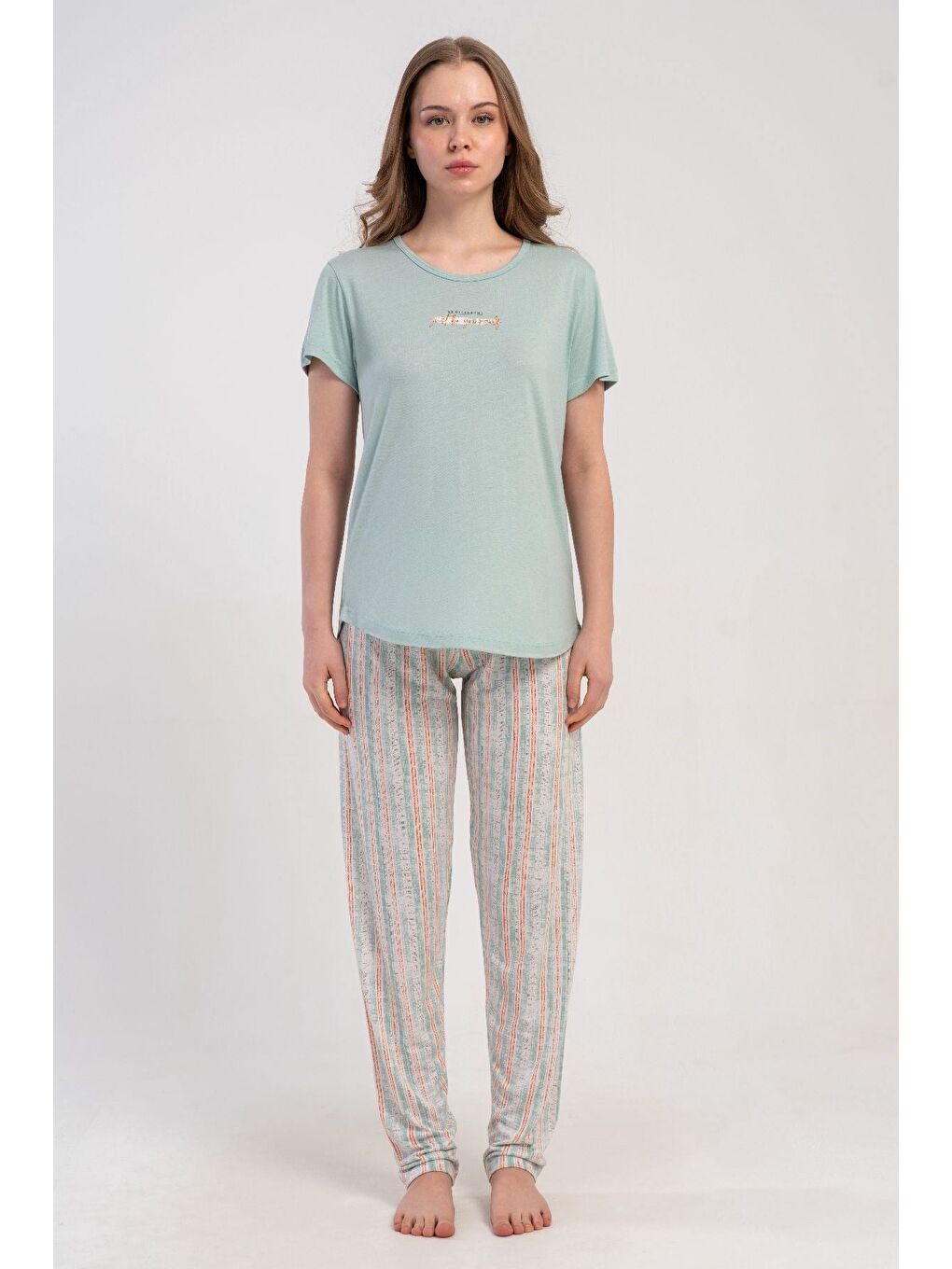 Yuvarlak Yaka Kısa Kollu Pijama Takımı Açık Yeşil-512177-1