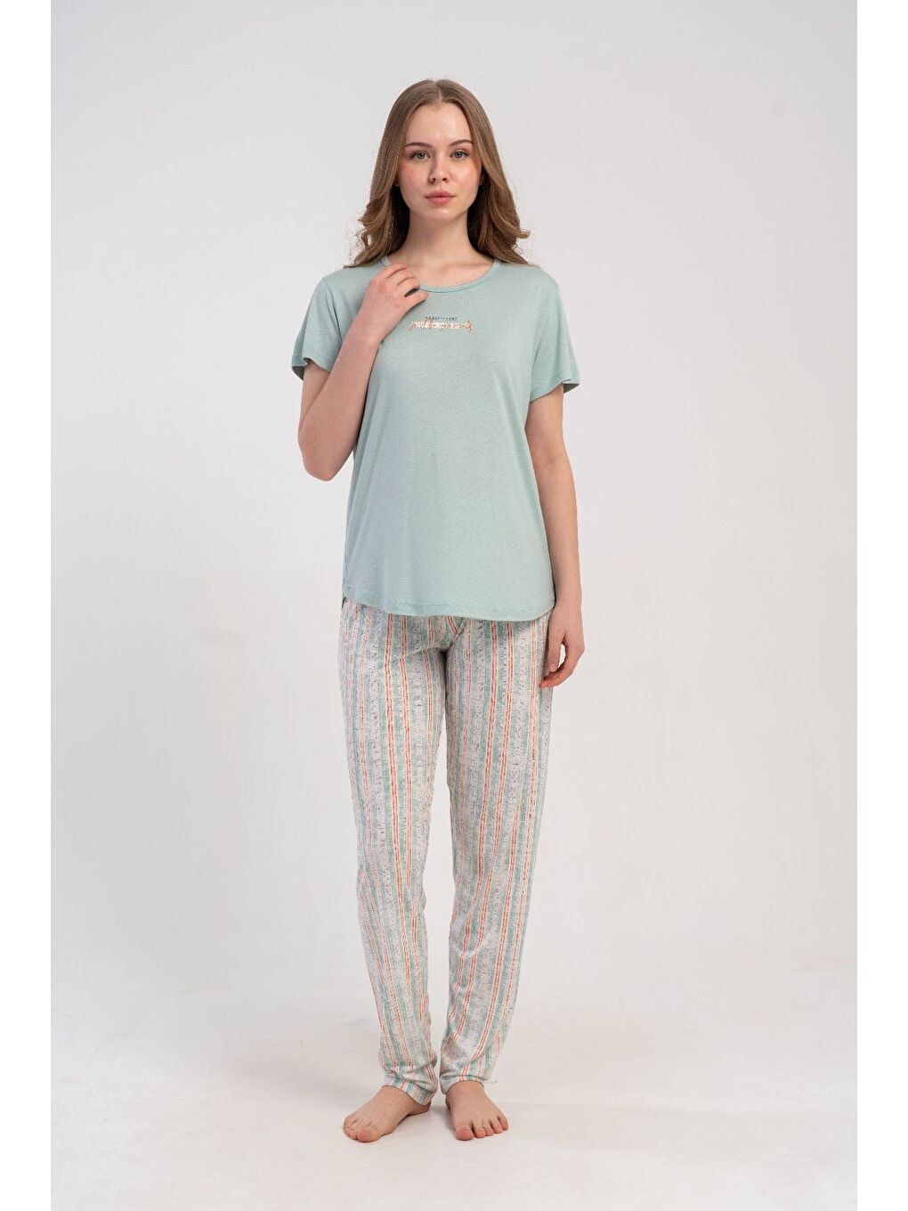 Yuvarlak Yaka Kısa Kollu Pijama Takımı Açık Yeşil-512177-3