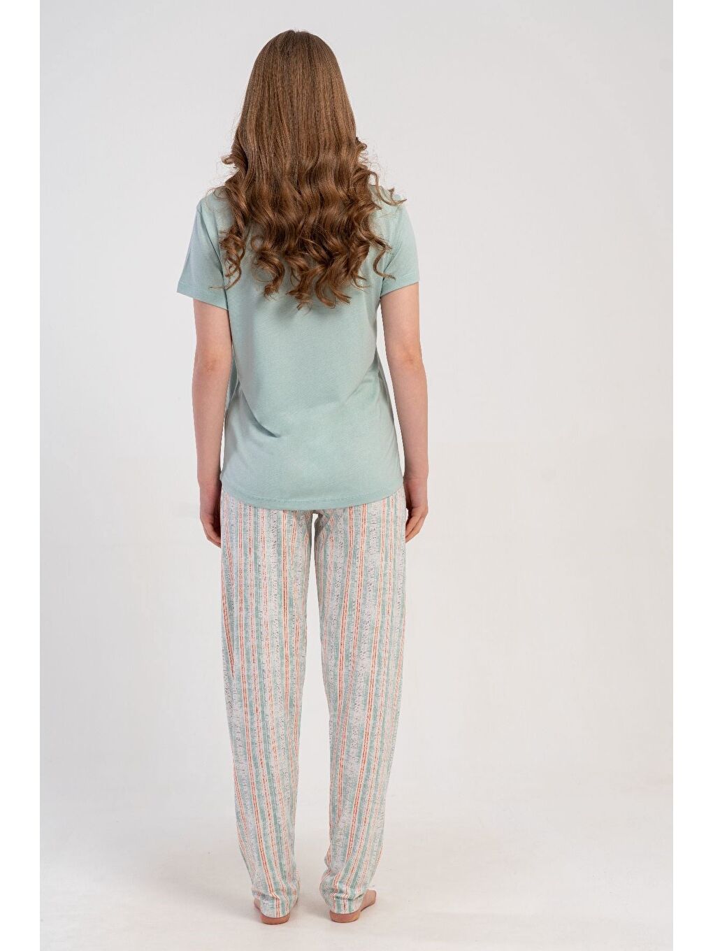 Yuvarlak Yaka Kısa Kollu Pijama Takımı Açık Yeşil-512177-4