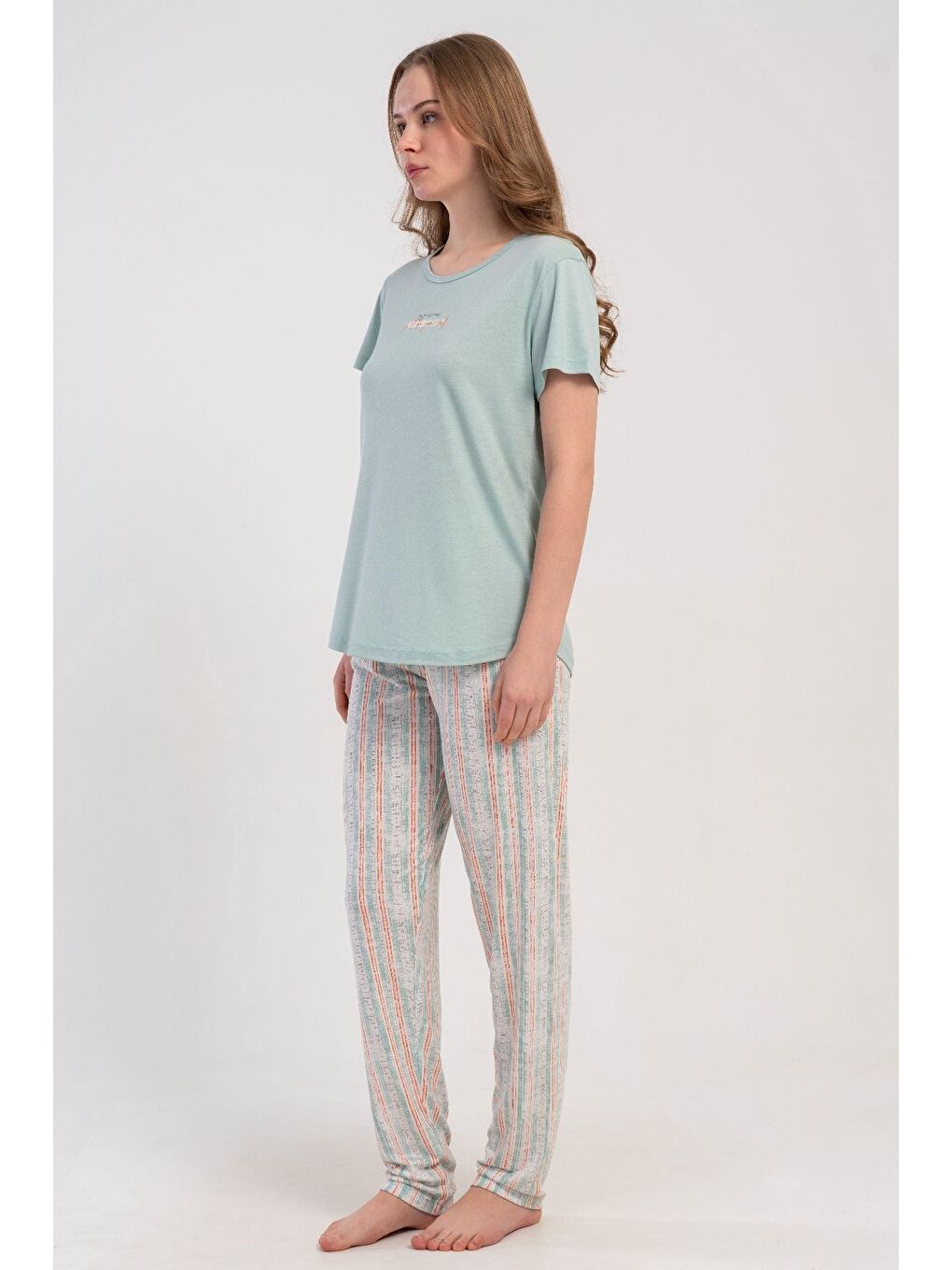 Yuvarlak Yaka Kısa Kollu Pijama Takımı Açık Yeşil-512177-5
