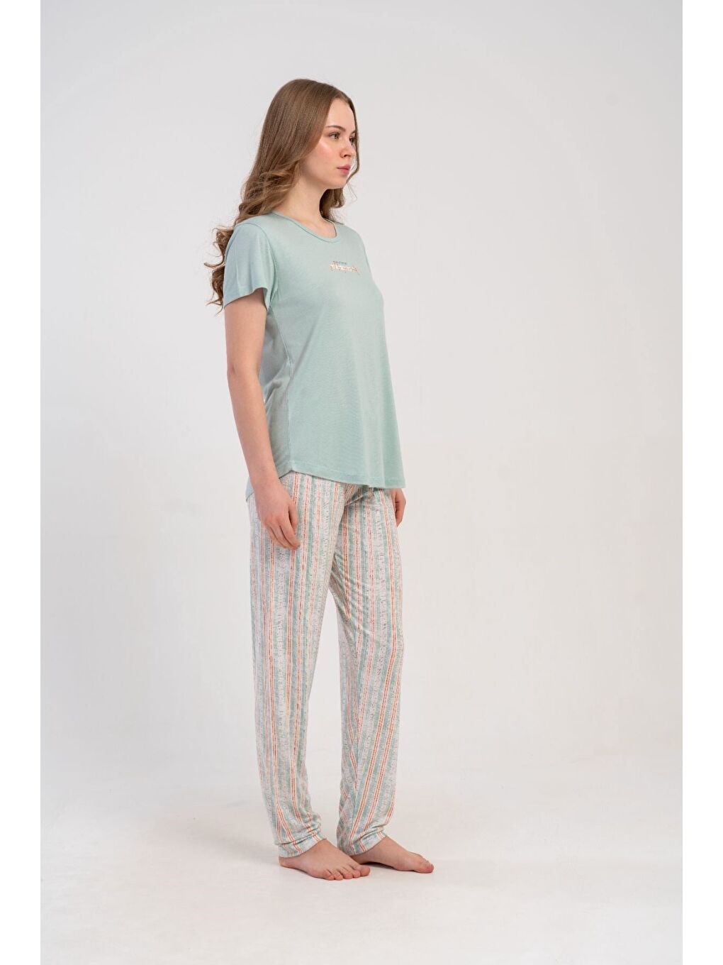 Yuvarlak Yaka Kısa Kollu Pijama Takımı Açık Yeşil-512177-6