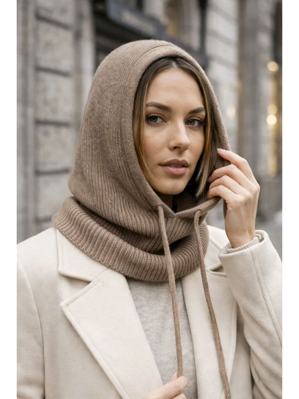 Bej Kadın Triko Balaklava Bere Şapka RKŞBYN-05 Vizon-2