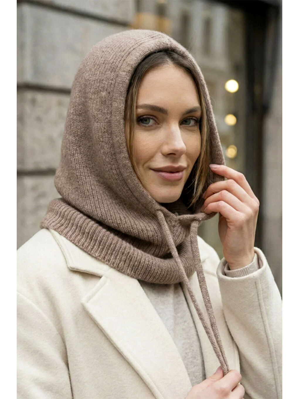 Bej Kadın Triko Balaklava Bere Şapka RKŞBYN-05 Vizon-3