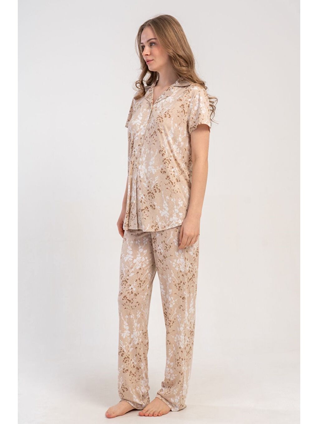 Kahverengi Gömlek Yaka Önden Düğmeli Pijama Takımı Açık Kahve-512236-5
