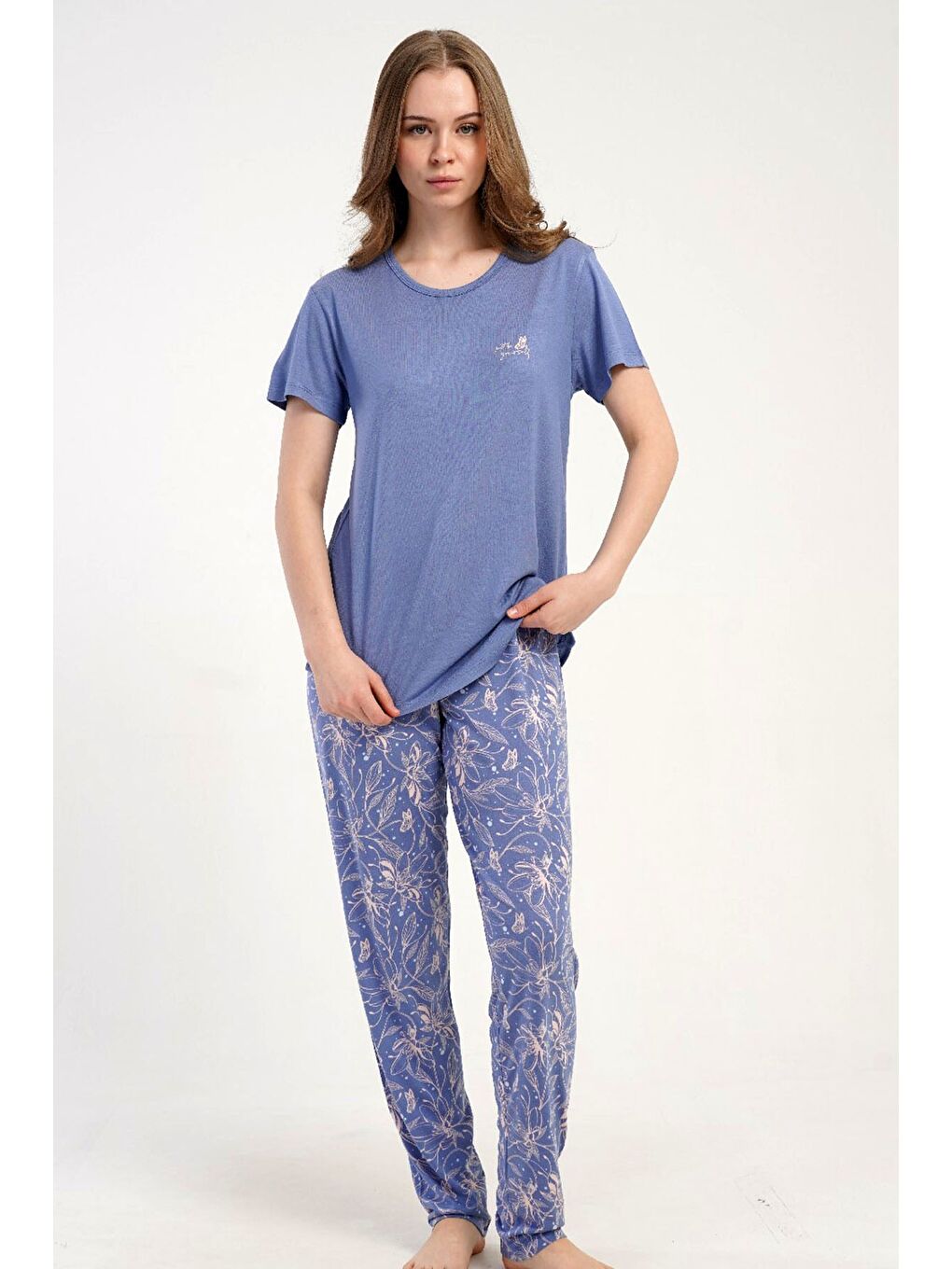 Yuvarlak Yaka Kısa Kollu Pijama Takımı Mor-512173-1