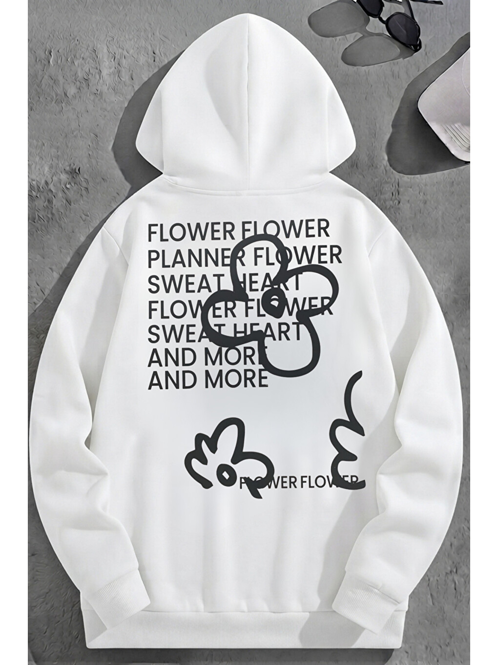 Unisex 3 İplik Pamuklu Beyaz Doubleflower Baskı Bol Kalıp Sweatshirt Hoodie