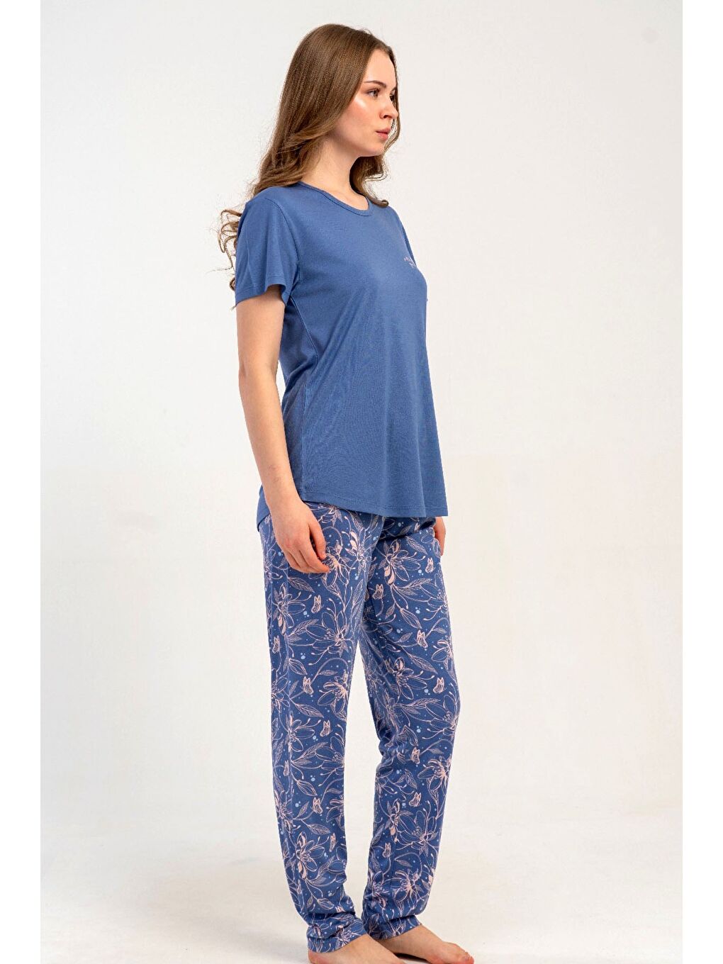 Yuvarlak Yaka Kısa Kollu Pijama Takımı Mor-512173-3