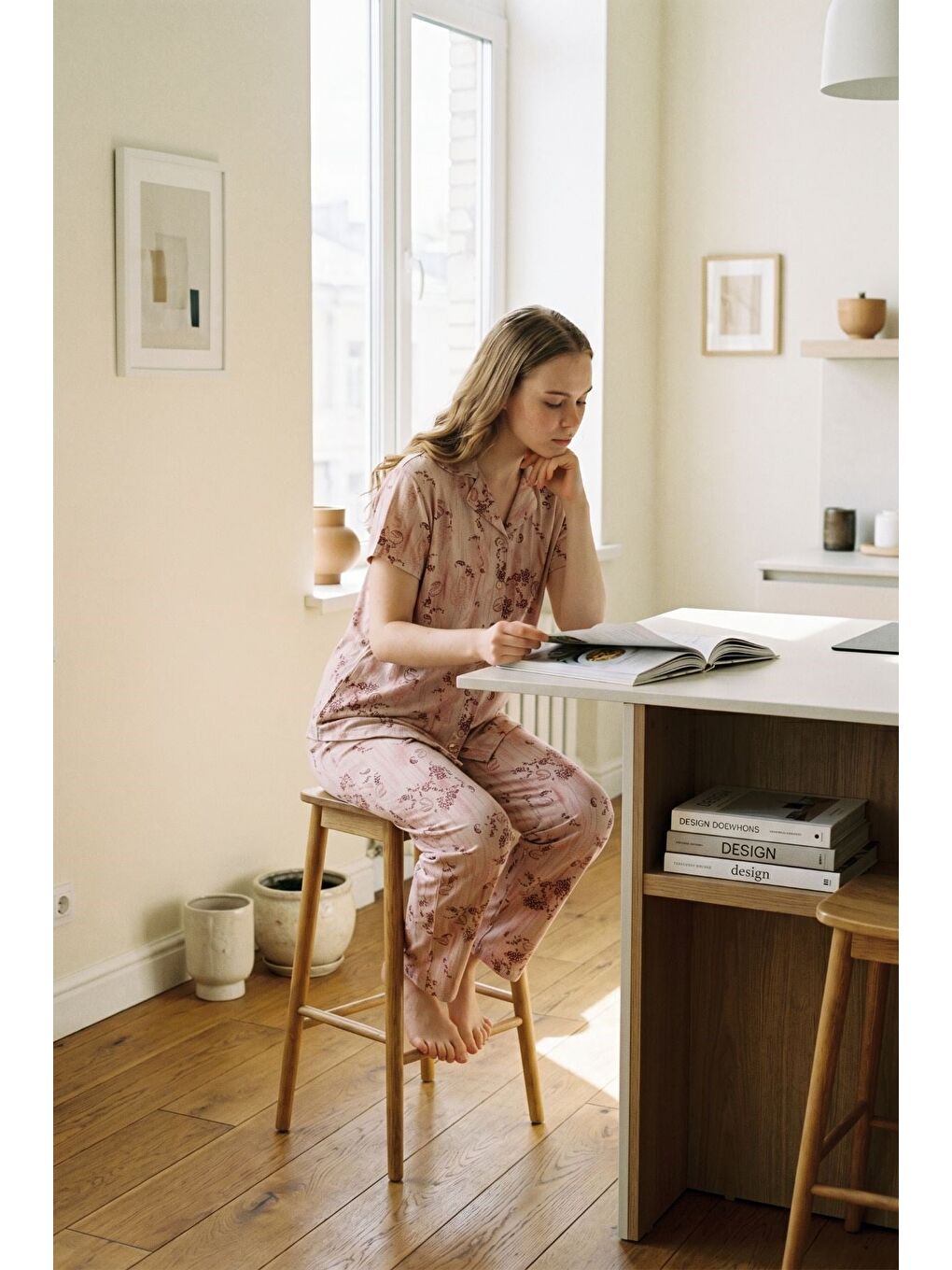 Ekru Gömlek Yaka Önden Düğmeli Pijama Takımı Krem-512244