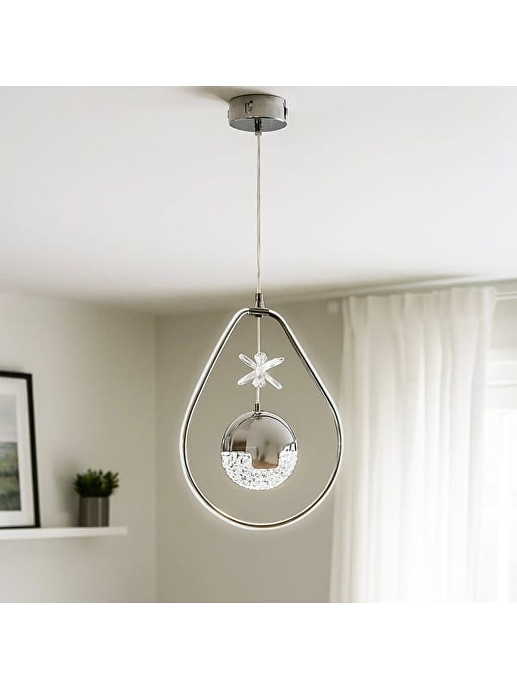 Gri Damla Taşlı Led Avize - Krom - 35 cm