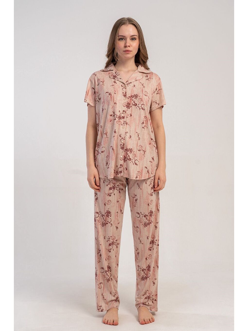 Ekru Gömlek Yaka Önden Düğmeli Pijama Takımı Krem-512244-2