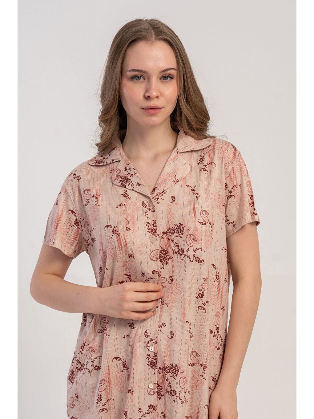 Ekru Gömlek Yaka Önden Düğmeli Pijama Takımı Krem-512244-3