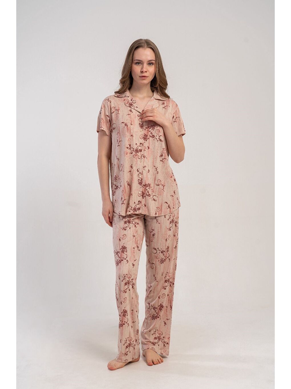 Ekru Gömlek Yaka Önden Düğmeli Pijama Takımı Krem-512244-4