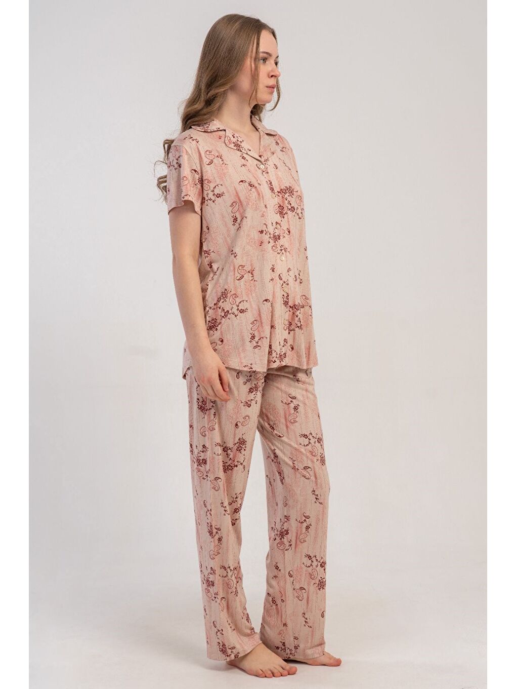 Ekru Gömlek Yaka Önden Düğmeli Pijama Takımı Krem-512244-6