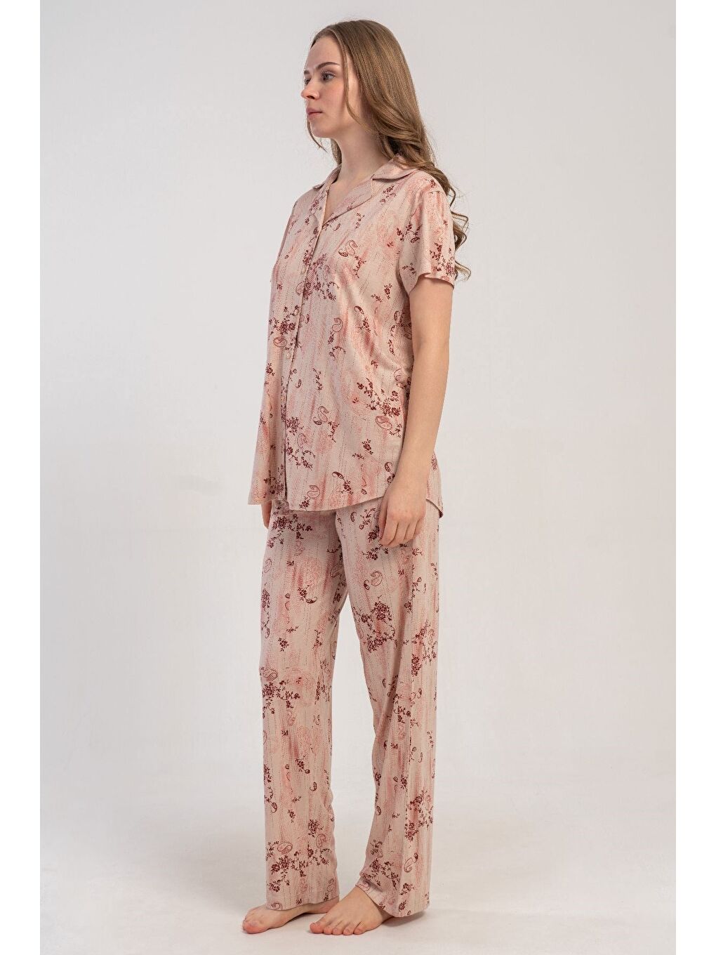 Ekru Gömlek Yaka Önden Düğmeli Pijama Takımı Krem-512244-7