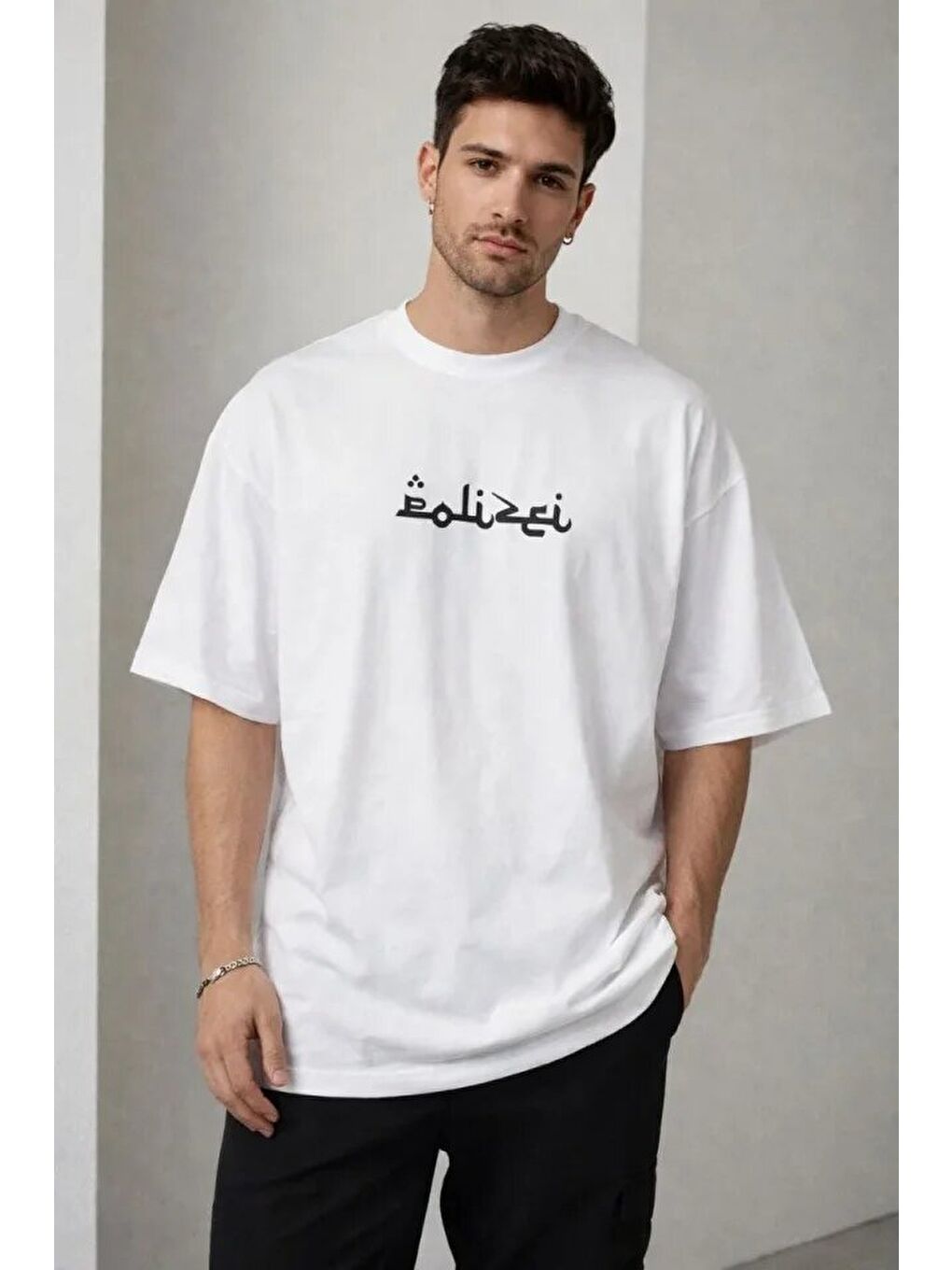 Beyaz Erkek Bisiklet Yaka Baskılı Kısa Kollu Tişört Streetwear Günlük Basic Pamuklu Tişört-2