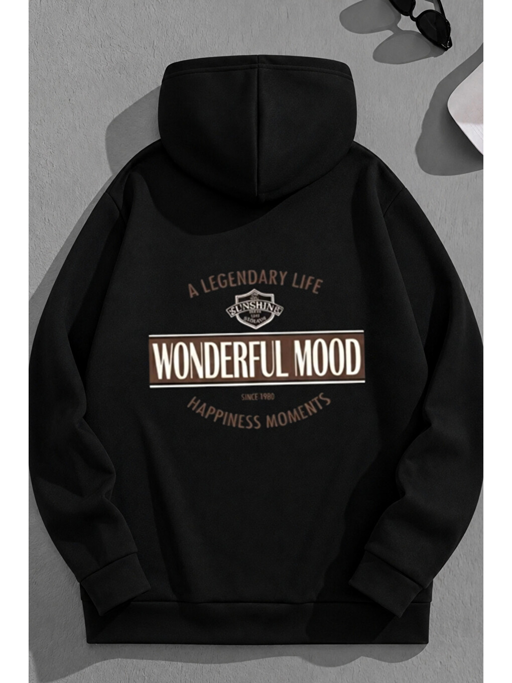 Unisex 3 İplik Pamuklu Siyah Wonderfulmood Baskı Bol Kalıp Sweatshirt Hoodie