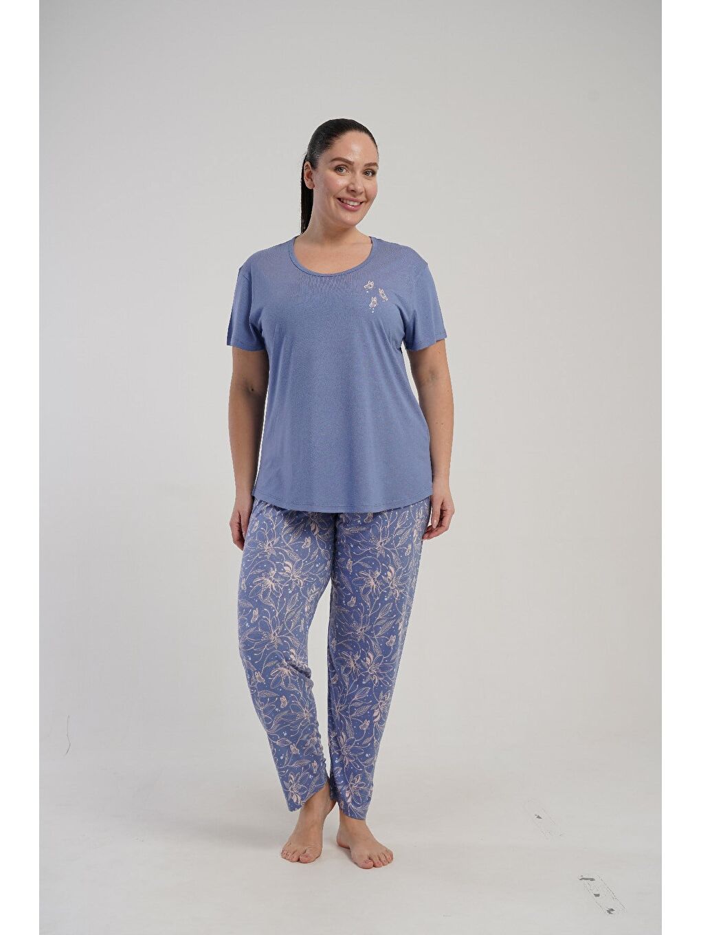 Büyük Beden Yuvarlak Yaka Kısa Kollu Pijama Takımı Mor-512248