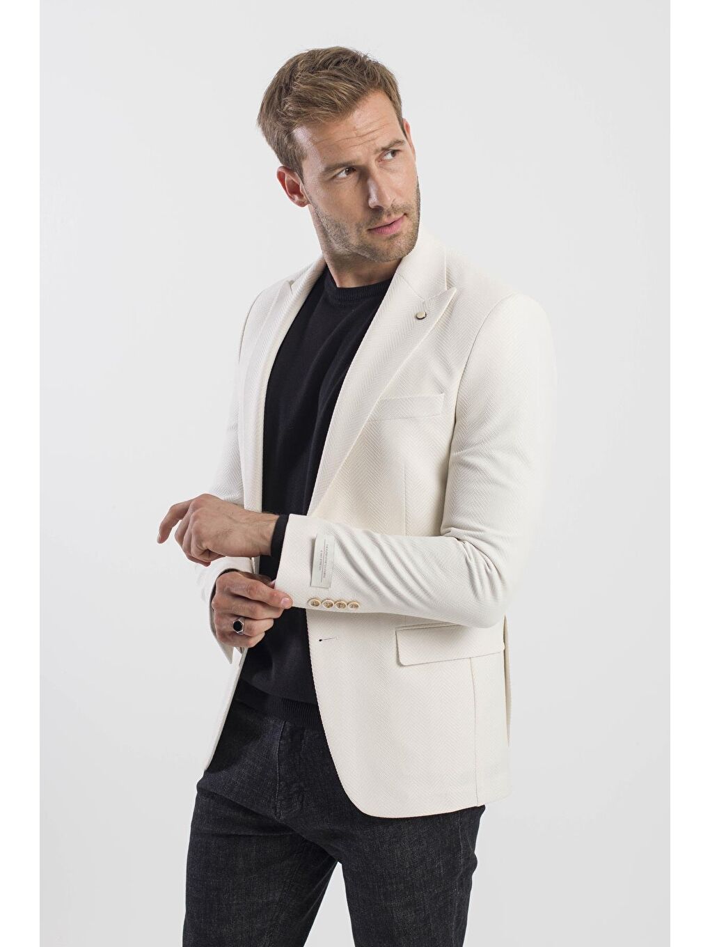 Ekru Krem Slim Fit Desenli Sivri Yaka Ceket-2