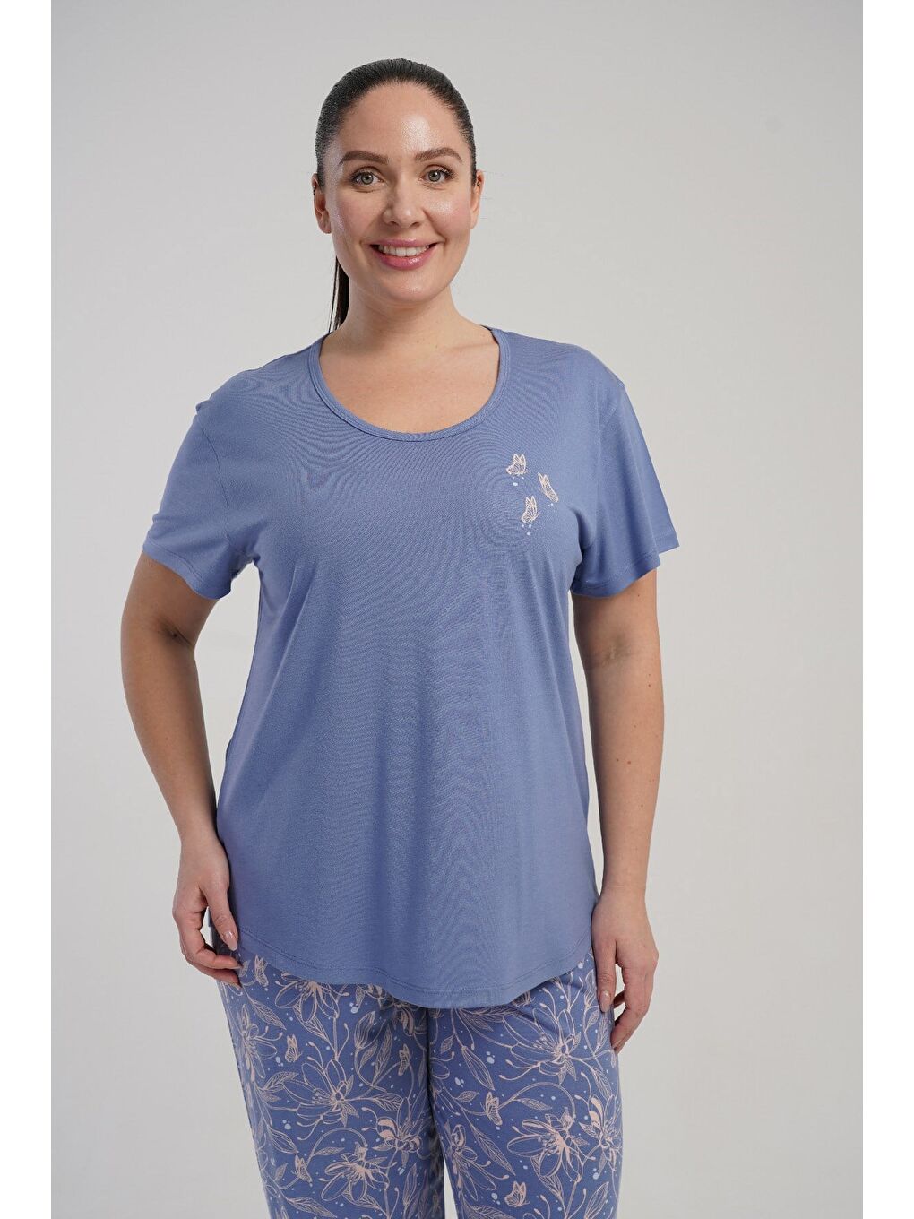 Büyük Beden Yuvarlak Yaka Kısa Kollu Pijama Takımı Mor-512248-1