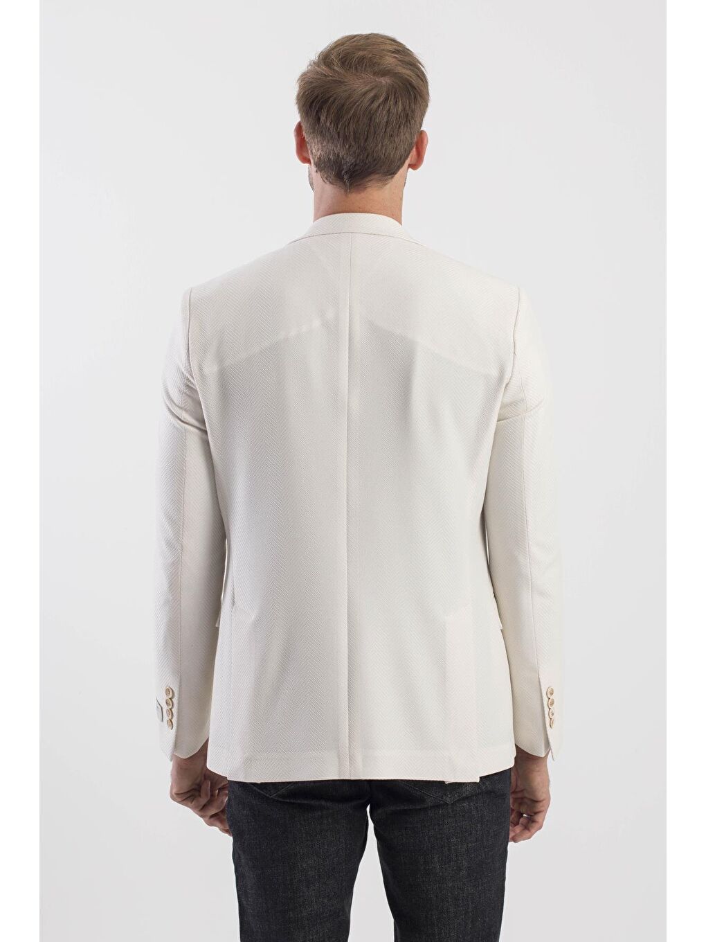 Ekru Krem Slim Fit Desenli Sivri Yaka Ceket-3