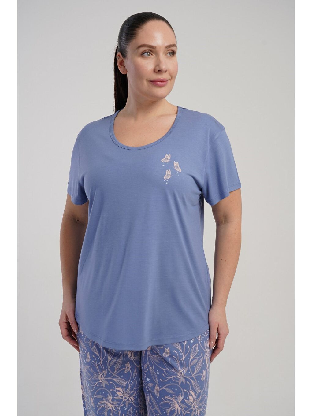 Büyük Beden Yuvarlak Yaka Kısa Kollu Pijama Takımı Mor-512248-3